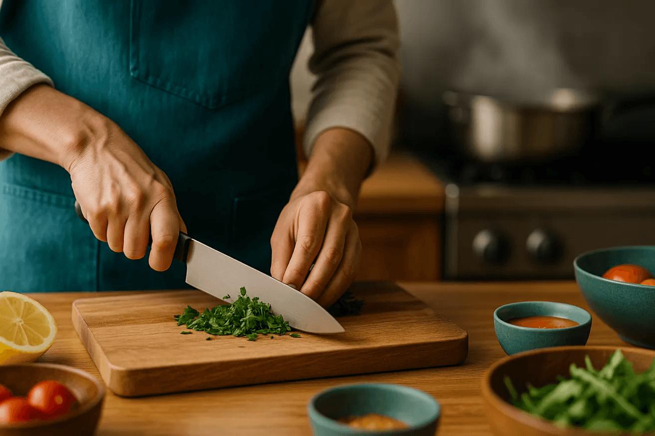 A home cook chopping fresh herbs on a wooden board